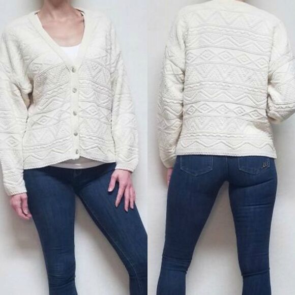 VINTAGE 80s GAP Cream Aztec Print Cropped Sweater - Picture 1 of 11